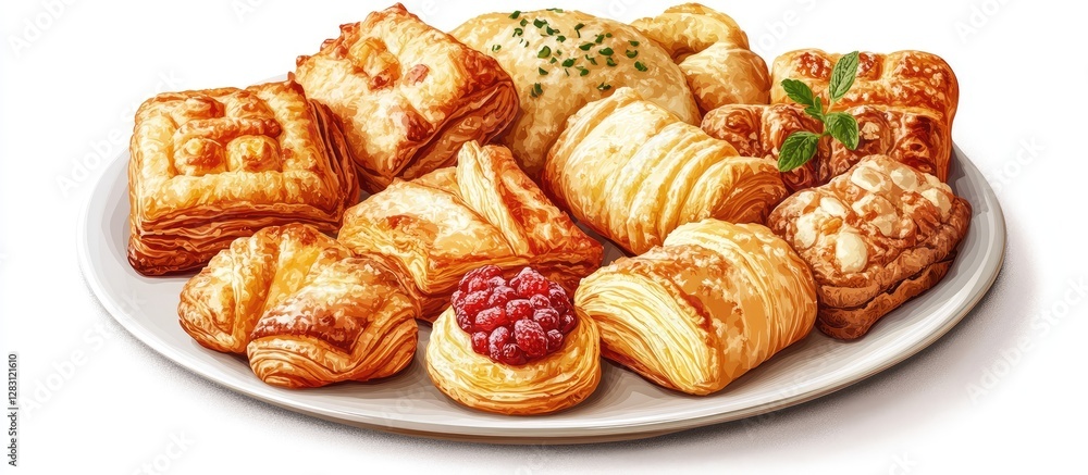 Fototapeta premium Assortment of golden puff pastry snacks arranged on a white plate featuring flaky textures with red jam and herbs adding color and elegance.