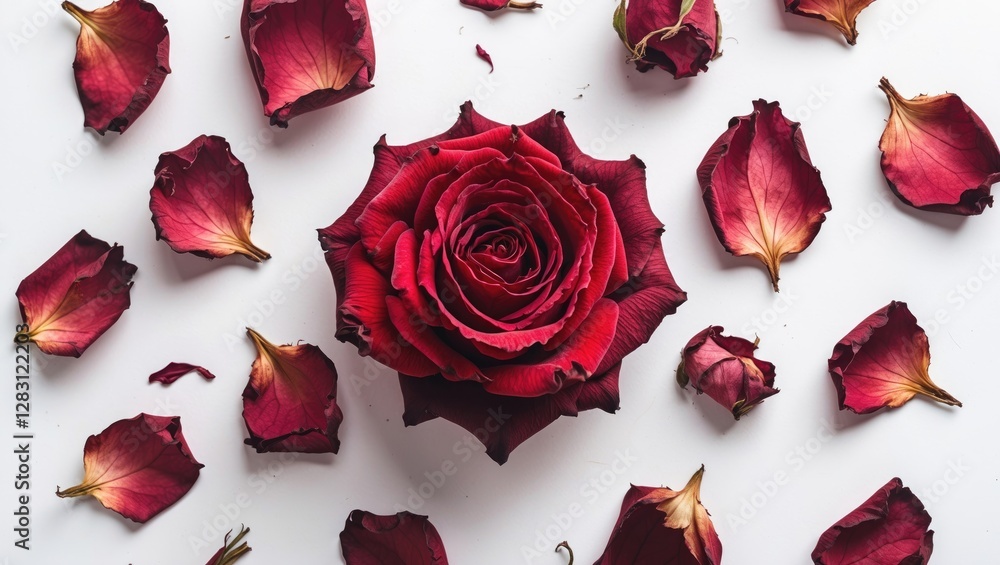 Fototapeta premium Red rose flower with fallen petals arranged on white background.