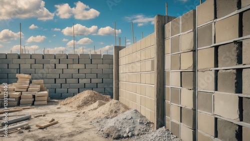 Construction site with stacked concrete blocks and piles of materials against a blue sky with clouds planning a building project photo