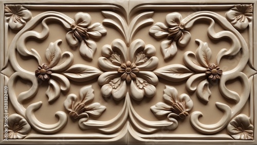 Decorative relief panel featuring intricate floral designs in beige and brown tones, suitable for wall art or architectural details photo