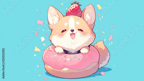 Cute corgi puppy sitting on a donut with a strawberry on its head, colorful background. photo