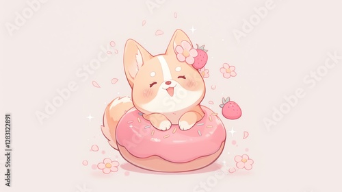 Cute cartoon corgi sitting happily on a pink donut surrounded by flowers and strawberries.