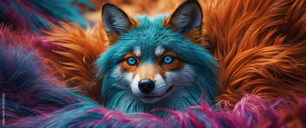 Naklejka premium Fantasy fox with vibrant blue and orange fur surrounded by colorful fur backdrop in a whimsical, artistic setting.