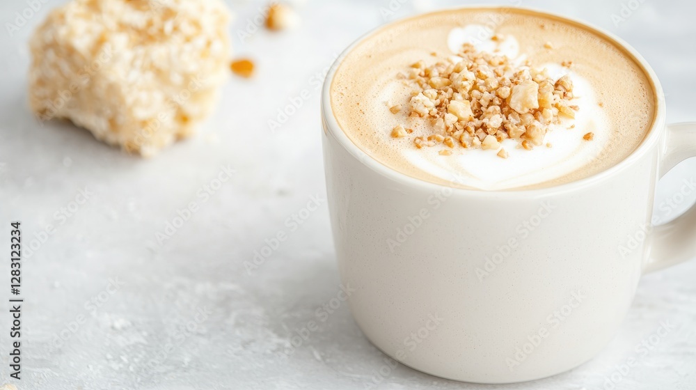 Latte art with nuts and sweet treat Latte art with nuts and sweet treat