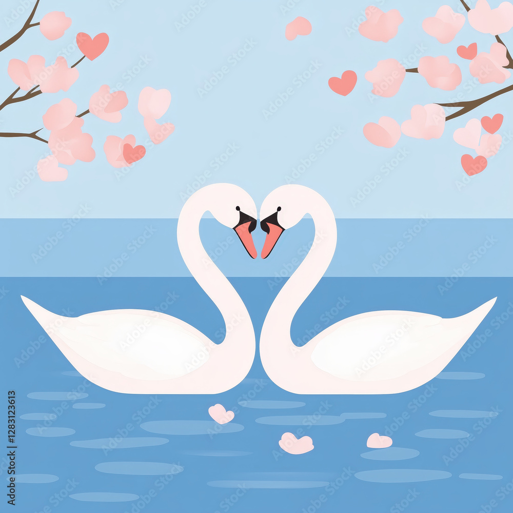 Fototapeta premium Kissing swans in pond with pink and blue hues, romantic scene