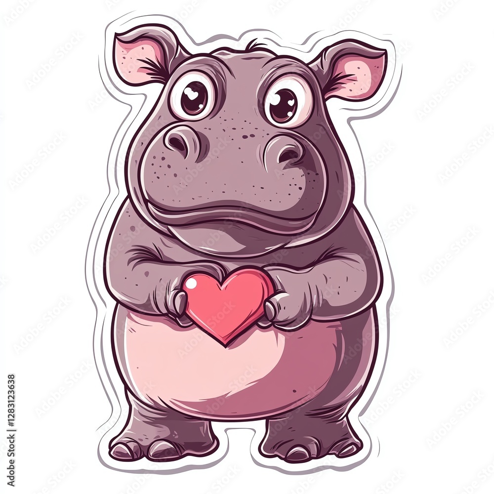 Naklejka premium A cute hippo character holds a red heart, radiating love and affection.