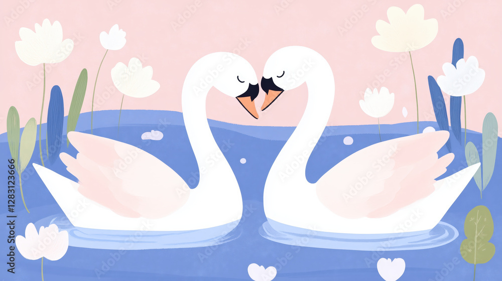 Fototapeta premium Kissing swans in serene pond with soft hues