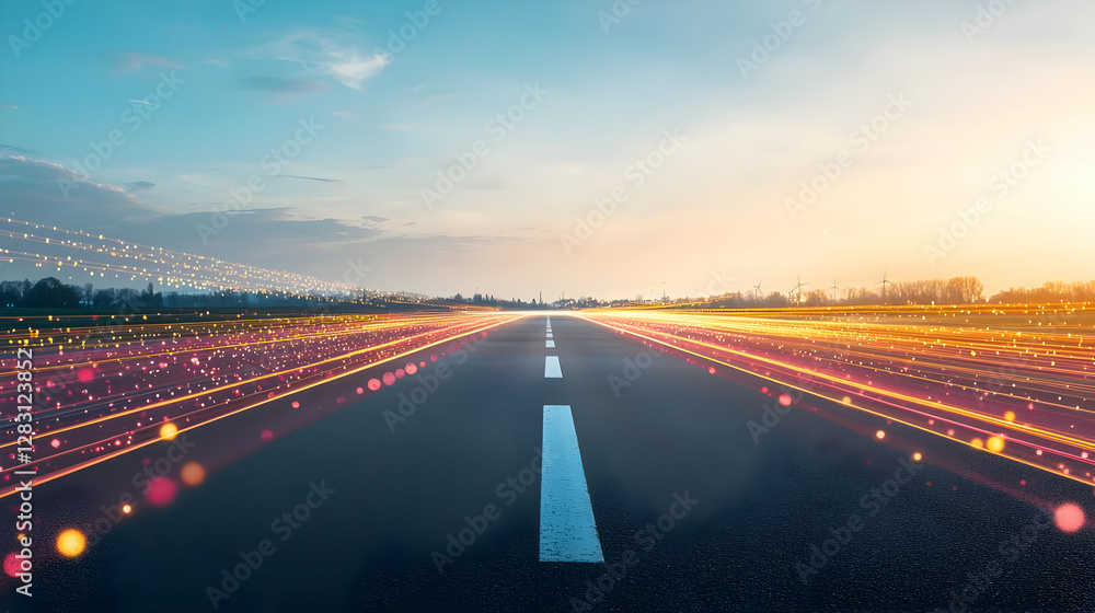 Road Leading Towards Sunset Sky With Orange And Blue Hues With Light Streaks Road Leading Towards Sunset Sky With Orange And Blue Hues With Light Streaks