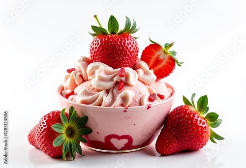 Perfect Strawberry Sundae: Showcase Cream, Berries, and Texture on White - High-Quality, Detailed Food Photography, Minimalist.

