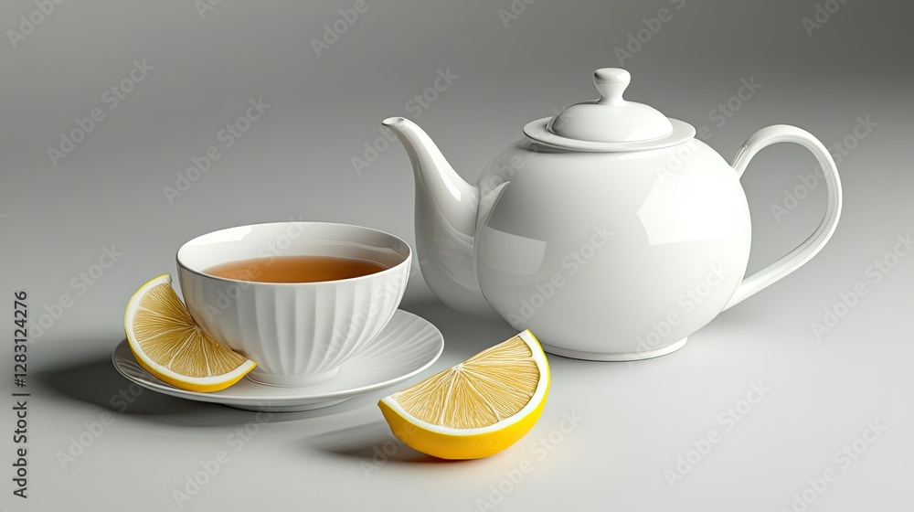 Refreshing tea with lemon wedges, served in a delicate tea cup with a teapot beside it, placed on a grey background with negative space. Refreshing tea with lemon wedges, served in a delicate tea cup with a teapot beside it, placed on a grey background with negative space.