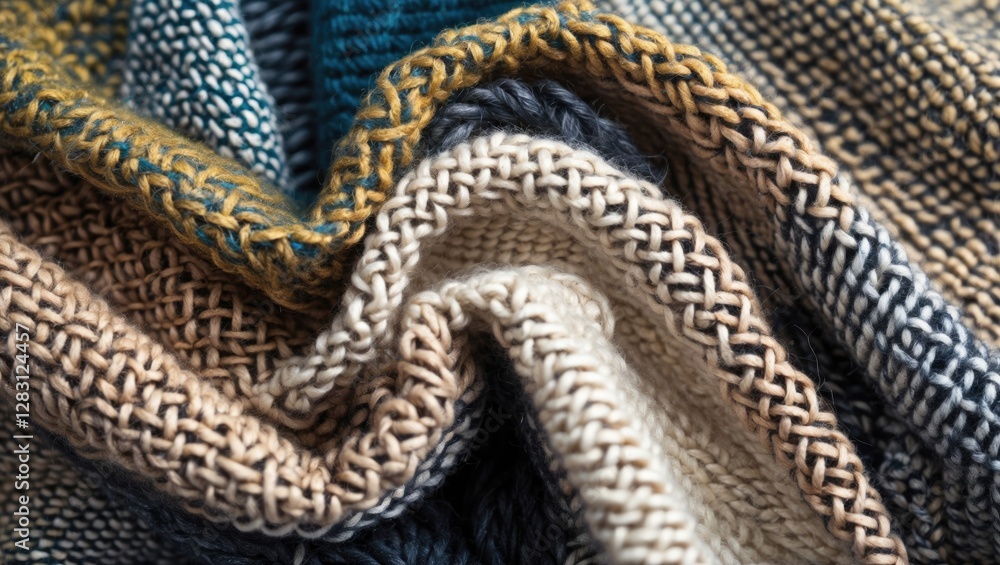 Fototapeta premium Textured knitted fabric in various colors including teal, beige, and grey, showcasing intricate patterns and folds.