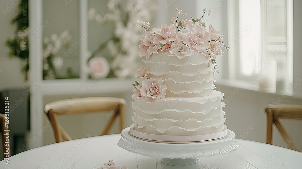 Fototapeta premium Romantic pastel wedding cake with soft pink florals and delicate sugar waves, sitting on a white wooden table.