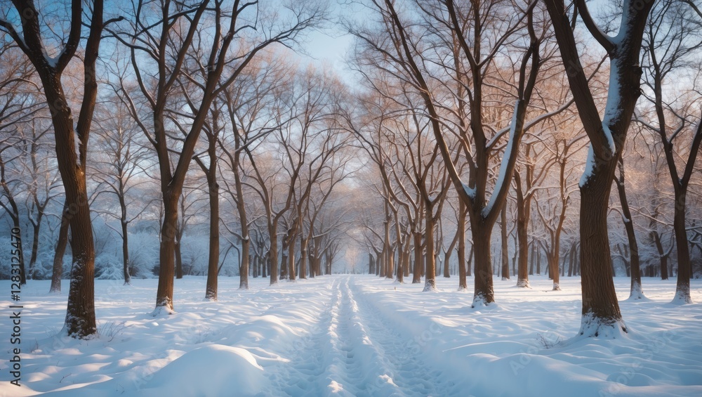 Snow-covered pathway through a tree-lined park during winter with soft sunlight filtering through branches and casting shadows on the ground. Snow-covered pathway through a tree-lined park during winter with soft sunlight filtering through branches and casting shadows on the ground.