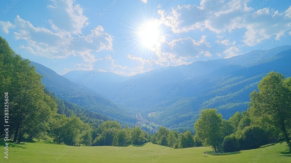 Breathtaking scenic view of mountains and valley nature landscape sunny day serene environment wide angle Breathtaking scenic view of mountains and valley nature landscape sunny day serene environment wide angle