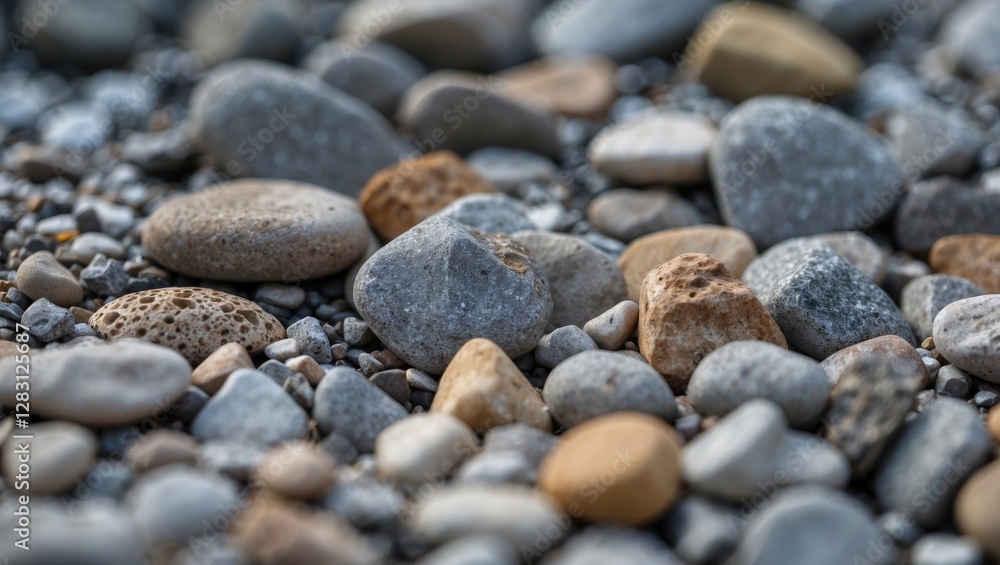 Assorted pebbles and stones on a gravel surface with various colors and textures in natural light Assorted pebbles and stones on a gravel surface with various colors and textures in natural light