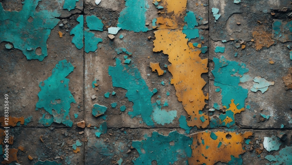 Fototapeta premium Textured surface with peeling paint in turquoise, yellow and brown hues on a concrete wall, showing signs of decay and weathering.