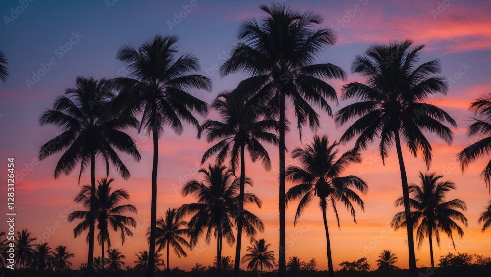 Silhouette of sugar palm trees at sunset with vibrant twilight sky in the background creating a serene tropical landscape atmosphere. Silhouette of sugar palm trees at sunset with vibrant twilight sky in the background creating a serene tropical landscape atmosphere.
