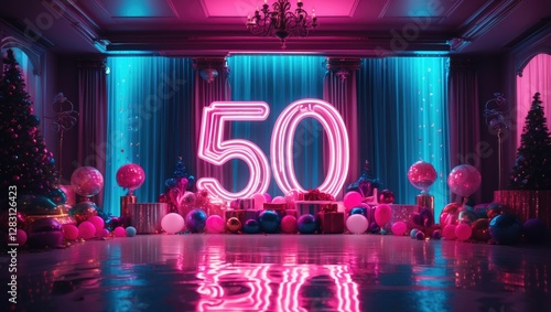 Vibrant neon 50th birthday celebration scene with decorations, colorful balloons, and festive lighting for a memorable milestone event