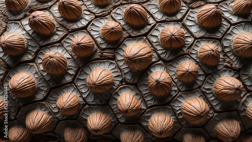 Detailed close-up of embossed nut tree bark texture featuring rounded shapes, showcasing nature's intricate patterns and earthy tones.