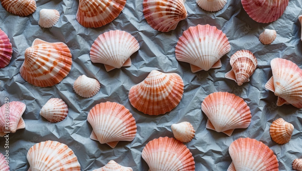 Delicate Arrangement of Pink Sea Shells on Crumpled Paper with Text Space for Creative Designs or Invitations Delicate Arrangement of Pink Sea Shells on Crumpled Paper with Text Space for Creative Designs or Invitations