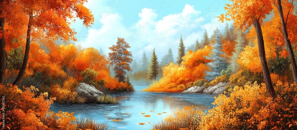 Vibrant autumn forest by a serene lake with bright orange and yellow foliage reflecting on calm waters under a bright blue sky Vibrant autumn forest by a serene lake with bright orange and yellow foliage reflecting on calm waters under a bright blue sky