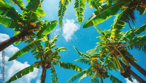 Banana palm trees with large green leaves against a blue sky with clouds viewed from below in tropical setting photo