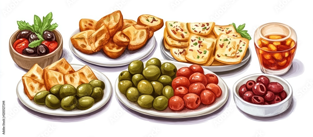 Assorted appetizers and olives displayed on white plates with green and black olives on a colorful platter inviting sharing and enjoyment. Assorted appetizers and olives displayed on white plates with green and black olives on a colorful platter inviting sharing and enjoyment.