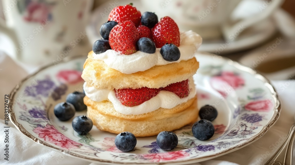 Soft and fluffy fruit sandwich with blueberries, strawberries, and cream, served on a vintage floral plate, cozy setting Soft and fluffy fruit sandwich with blueberries, strawberries, and cream, served on a vintage floral plate, cozy setting