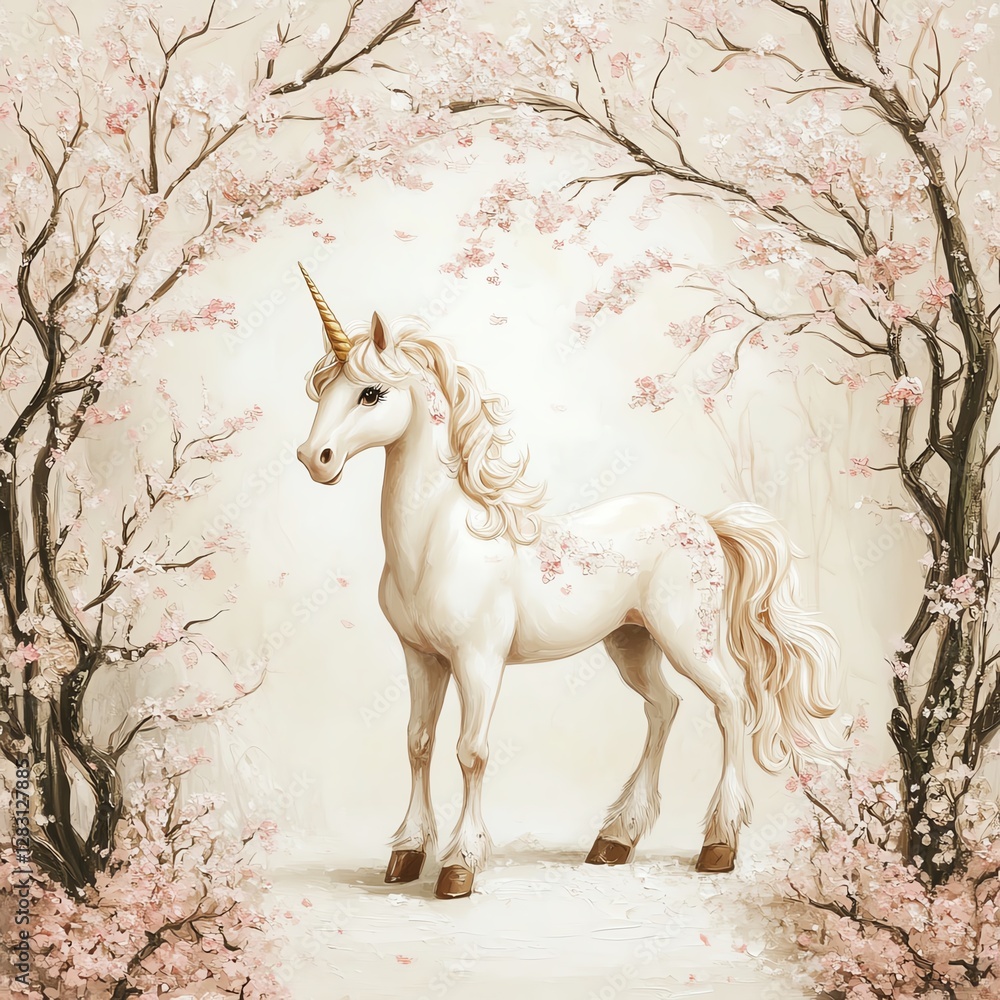 Naklejka premium A magical unicorn standing gracefully beneath blooming cherry blossom trees.