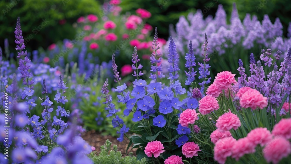 Vibrant Garden Blooms with Violet and Pink Flowers in Full Bloom Creating a Colorful Floral Paradise Vibrant Garden Blooms with Violet and Pink Flowers in Full Bloom Creating a Colorful Floral Paradise