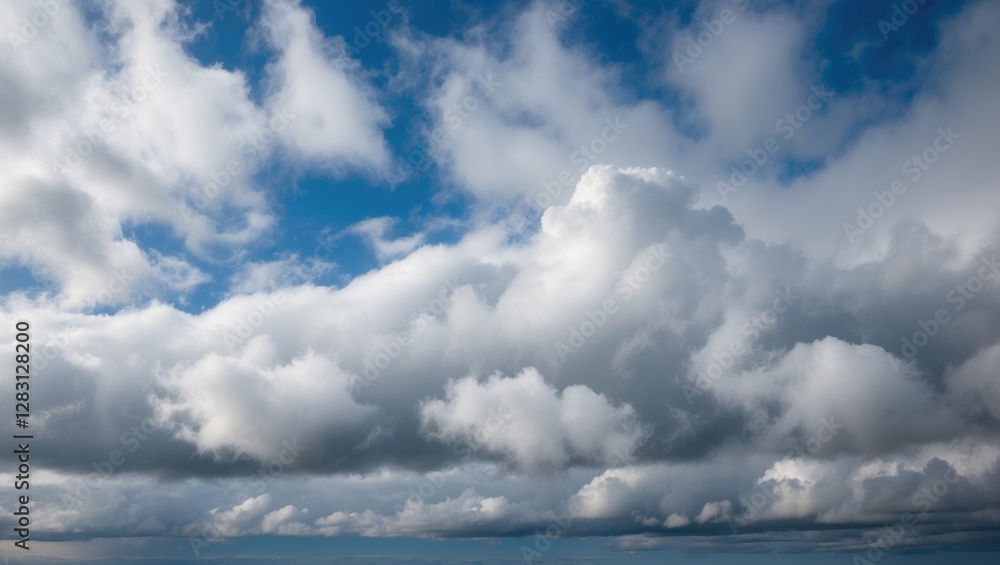 Dramatic cloud formations in a bright blue sky with varying shades of gray and white clouds illuminated by natural sunlight Dramatic cloud formations in a bright blue sky with varying shades of gray and white clouds illuminated by natural sunlight