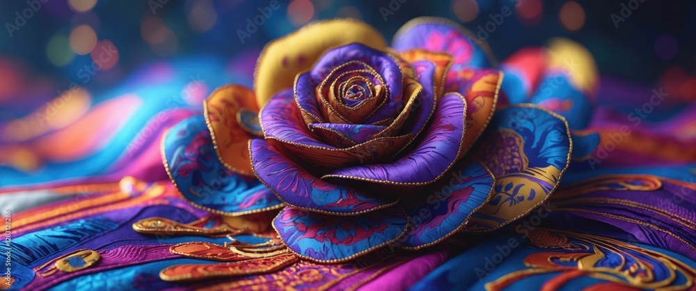 Vibrant floral fabric texture with intricate patterns and a striking rose design in rich colors for creative background use. Vibrant floral fabric texture with intricate patterns and a striking rose design in rich colors for creative background use.