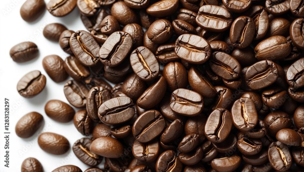 Fototapeta premium Brown roasted coffee beans scattered on a white background in high resolution