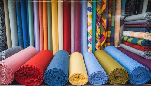 Colorful rolls of fabric displayed in a shop window showcasing various textures and patterns arranged in an organized manner photo