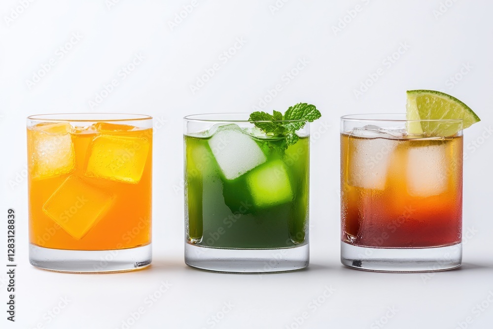 Three colorful cocktails in clear glasses, featuring ice cubes and garnishes, set against a white background. Three colorful cocktails in clear glasses, featuring ice cubes and garnishes, set against a white background.