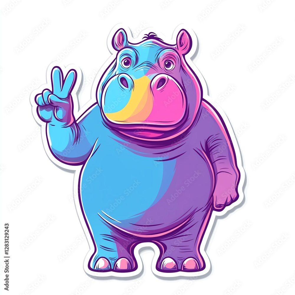 A playful and colorful illustration of a cheerful hippo posing with a peace sign. A playful and colorful illustration of a cheerful hippo posing with a peace sign.