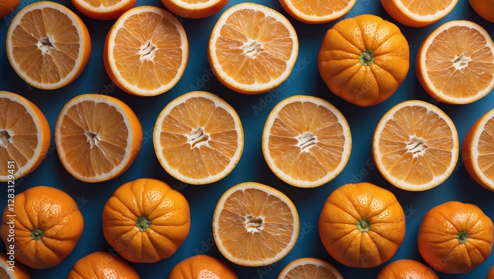 Mandarin and tangerine fruit pattern on vibrant blue background showcasing vibrant colors and textures in a flat lay composition. Mandarin and tangerine fruit pattern on vibrant blue background showcasing vibrant colors and textures in a flat lay composition.