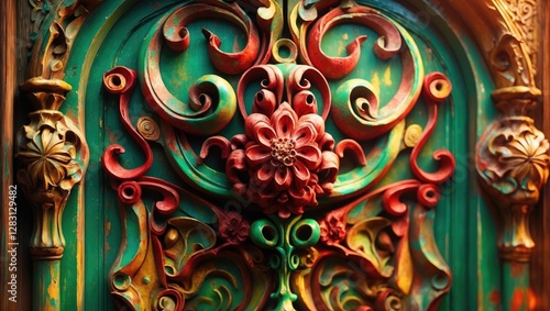 Wallpaper Mural ornate wooden door panel with intricate floral carvings in vibrant colors of green red and yellow Torontodigital.ca
