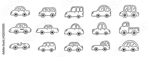 Car doodle hand drawn line icon set. Car drawing outline clipart