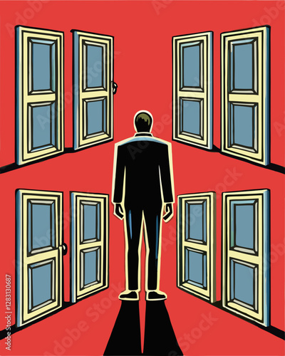 Businessman Facing Multiple Open Doors: Choices, Opportunities, and Decisions in a Graphic Illustration