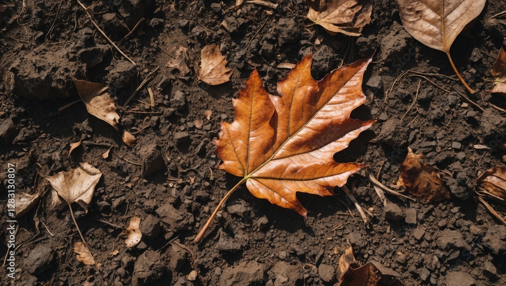 Autumn leaves on dark soil background with a single large brown maple leaf in focus on the ground Autumn leaves on dark soil background with a single large brown maple leaf in focus on the ground