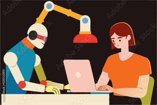 Collaborative Workspace: Human and Robot Working Together on Laptop in Modern Office Setting
