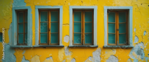 Four vintage wooden windows on a weathered yellow wall with peeling paint showcasing urban architectural details and color contrast.