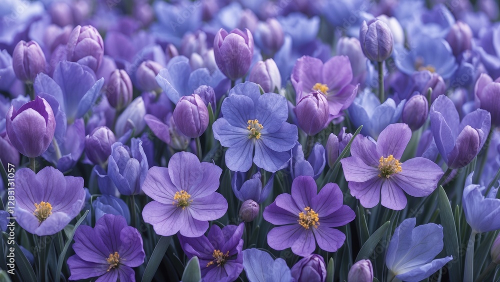 Vibrant close-up of purple and blue spring flowers blooming in harmony, showcasing nature's beauty and delicate petals in a serene garden setting. Vibrant close-up of purple and blue spring flowers blooming in harmony, showcasing nature's beauty and delicate petals in a serene garden setting.