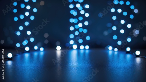 Blue bokeh lights on a dark background with a smooth surface creating a festive and calming atmosphere