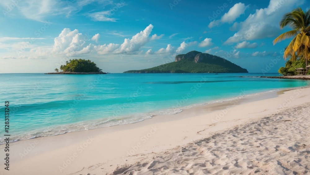 Serene beach with pristine turquoise waters and lush green island in the background under a clear blue sky with fluffy clouds. Serene beach with pristine turquoise waters and lush green island in the background under a clear blue sky with fluffy clouds.