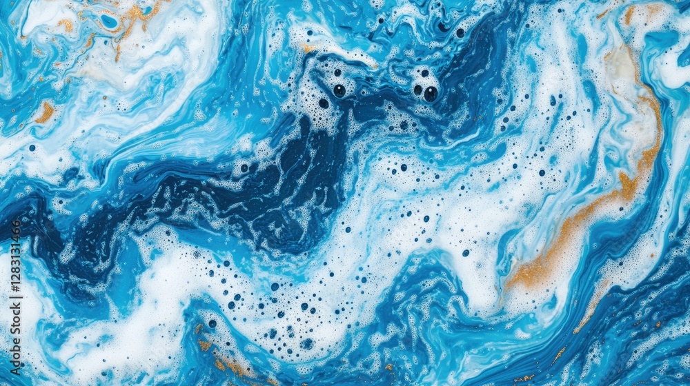 Top view of soap suds spreading across blue water, tiny reflective bubbles creating a clean and refreshing aesthetic. Top view of soap suds spreading across blue water, tiny reflective bubbles creating a clean and refreshing aesthetic.