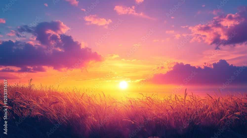 Fototapeta premium Warm summer sunset illuminating waving wild grass in a serene countryside meadow