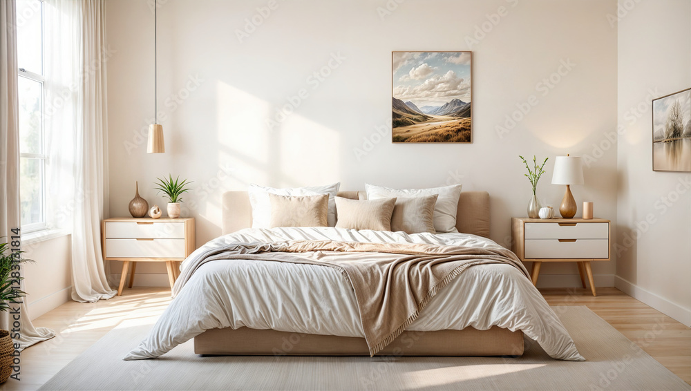 This image shows a peaceful bedroom with a bed decorated with beige and white linens, two bedside tables with lamps and plants, and a large window that fills the room with natural light. This image shows a peaceful bedroom with a bed decorated with beige and white linens, two bedside tables with lamps and plants, and a large window that fills the room with natural light.