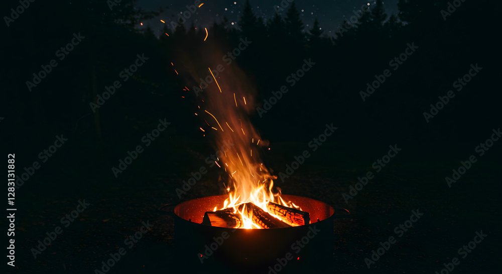A campfire burning brightly at night, with sparks flying against a dark forest background. A campfire burning brightly at night, with sparks flying against a dark forest background.